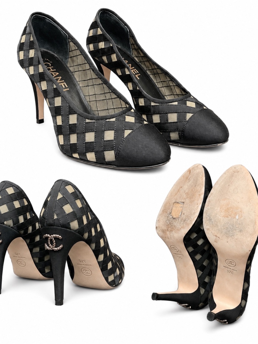 CHANEL Black and Beige Lattice Mesh Pointed Pumps with CC Heel Accent